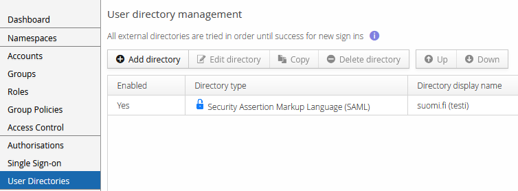 User directory management view listing a SAML directory named "suomi.fi (testi)"